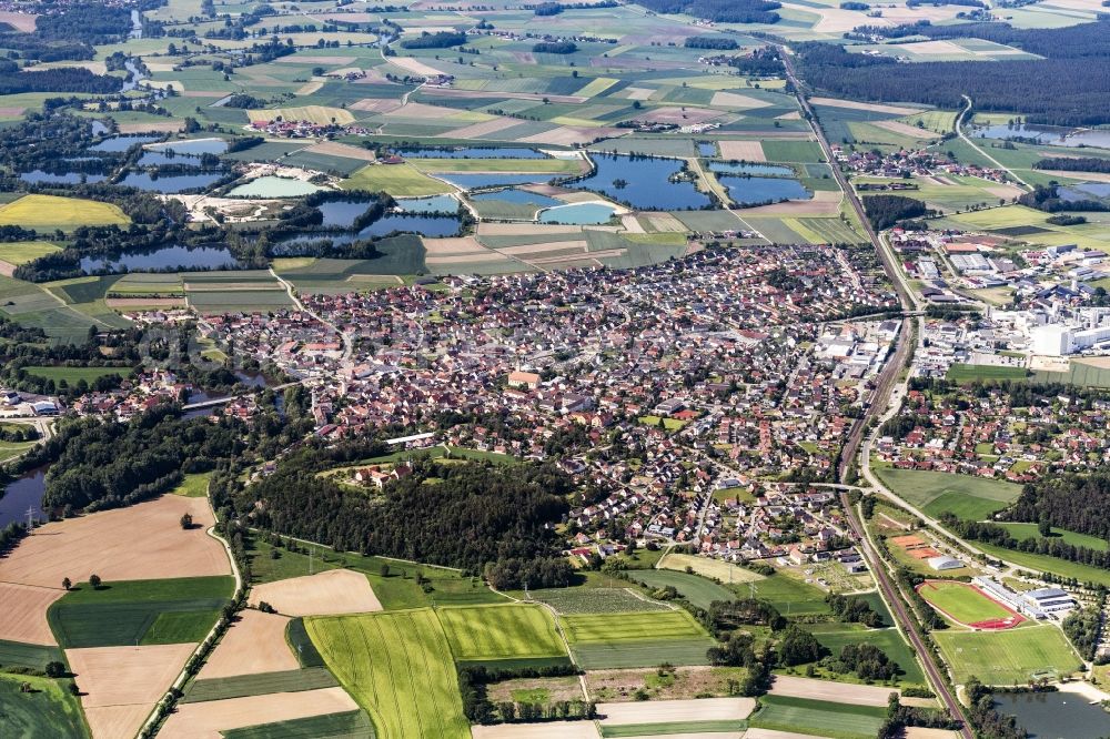 Schwarzenfeld from above - City view from the downtown area with the outskirts with adjacent agricultural fields in Schwarzenfeld in the state Bavaria, Germany