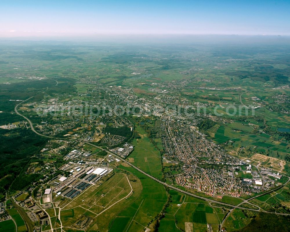 Wieseck from above - City view from the downtown area with the outskirts with adjacent agricultural fields in Wieseck in the state Hesse, Germany