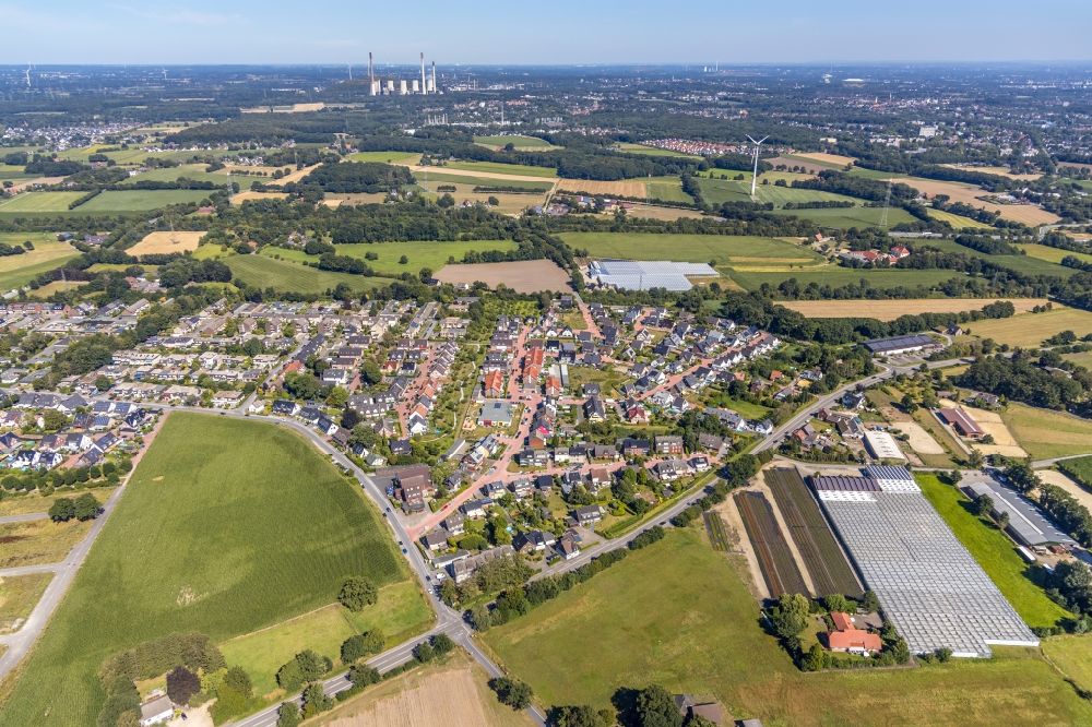 Bottrop from above - City view from the downtown area with the outskirts with adjacent agricultural fields between Dorfheide and Rentforter Strasse in the district Kirchhellen in Bottrop in the state North Rhine-Westphalia, Germany