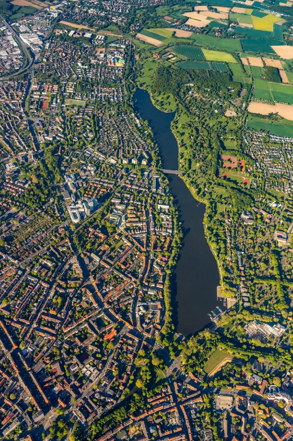 Münster from above - City view of the downtown area on the shore areas Aasee in the district Pluggendorf in Muenster in the state North Rhine-Westphalia, Germany