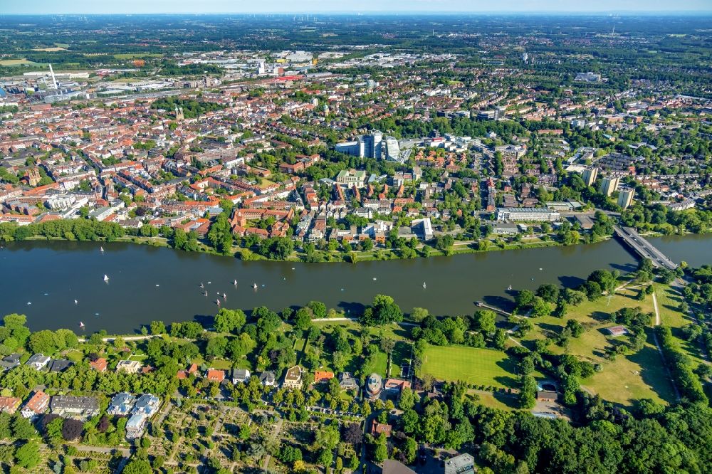 Münster from above - City view of the downtown area on the shore areas Aasee in the district Pluggendorf in Muenster in the state North Rhine-Westphalia, Germany