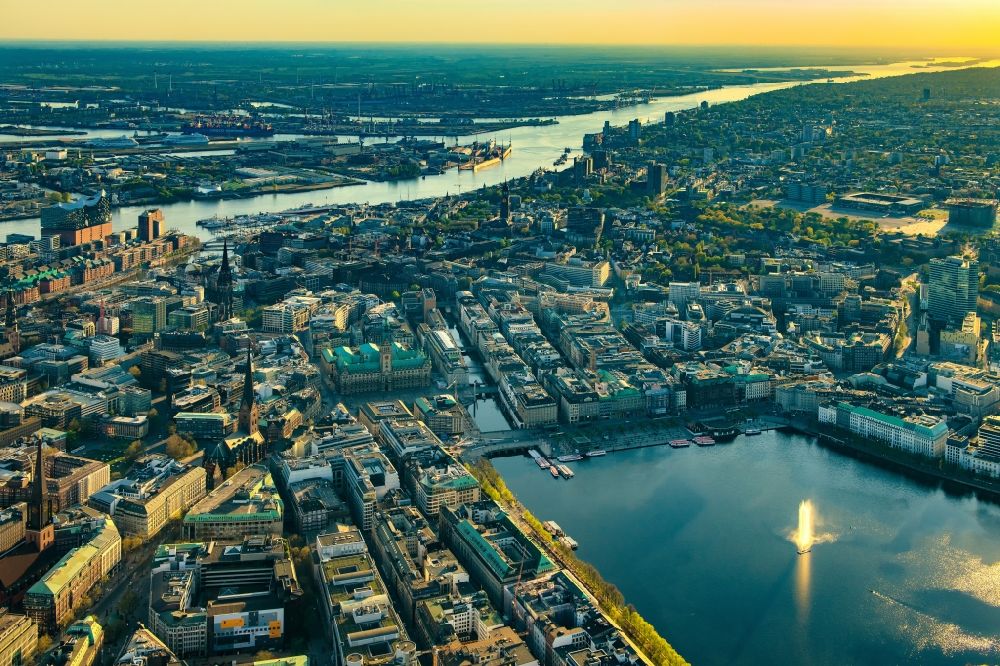Hamburg from above - City view of the downtown area on the shore areas of Binnenalster in Hamburg, Germany