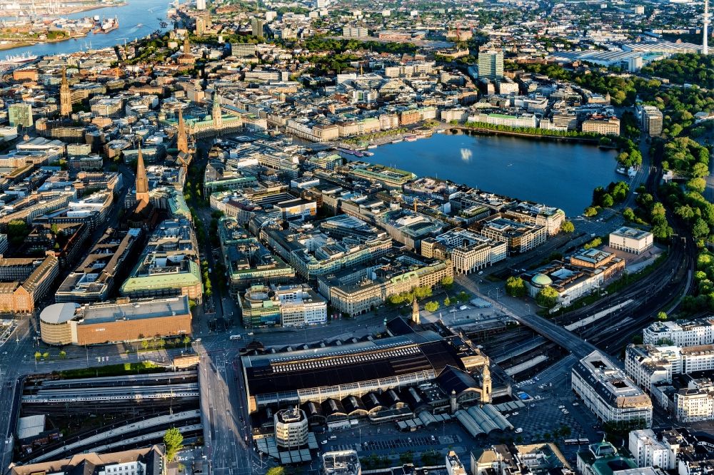 Aerial image Hamburg - City view of the downtown area on the shore areas of Binnenalster in Hamburg, Germany