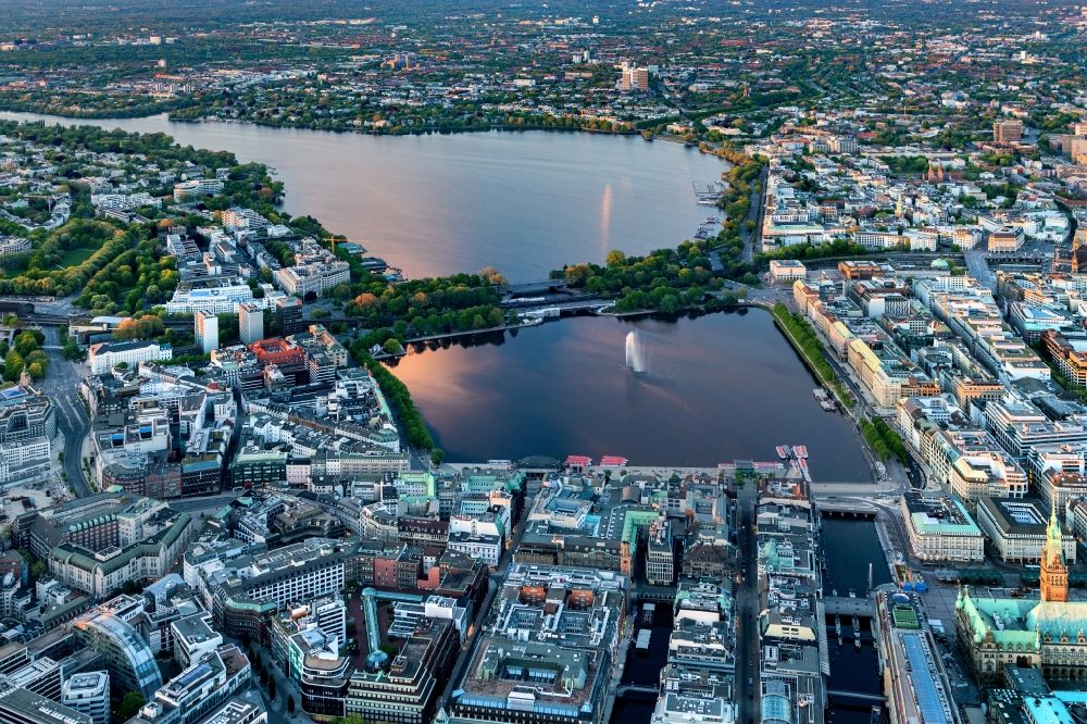 Hamburg from the bird's eye view: City view of the downtown area on the shore areas of Binnenalster in Hamburg, Germany
