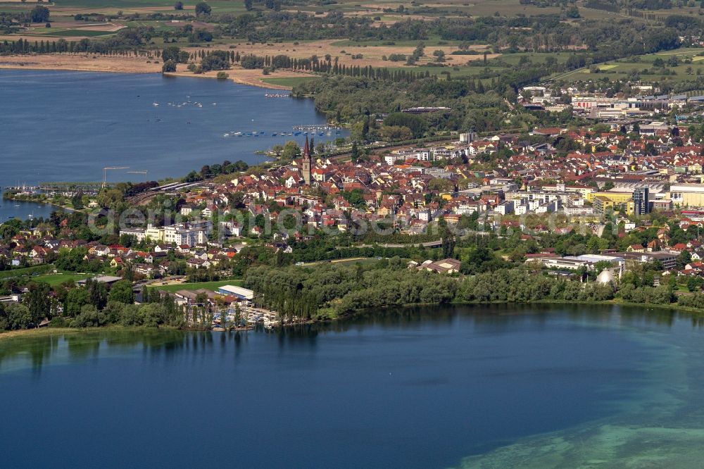 Aerial image Radolfzell am Bodensee - City view of the downtown area on the shore areas of Lake of Constance in Radolfzell am Bodensee in the state Baden-Wuerttemberg, Germany