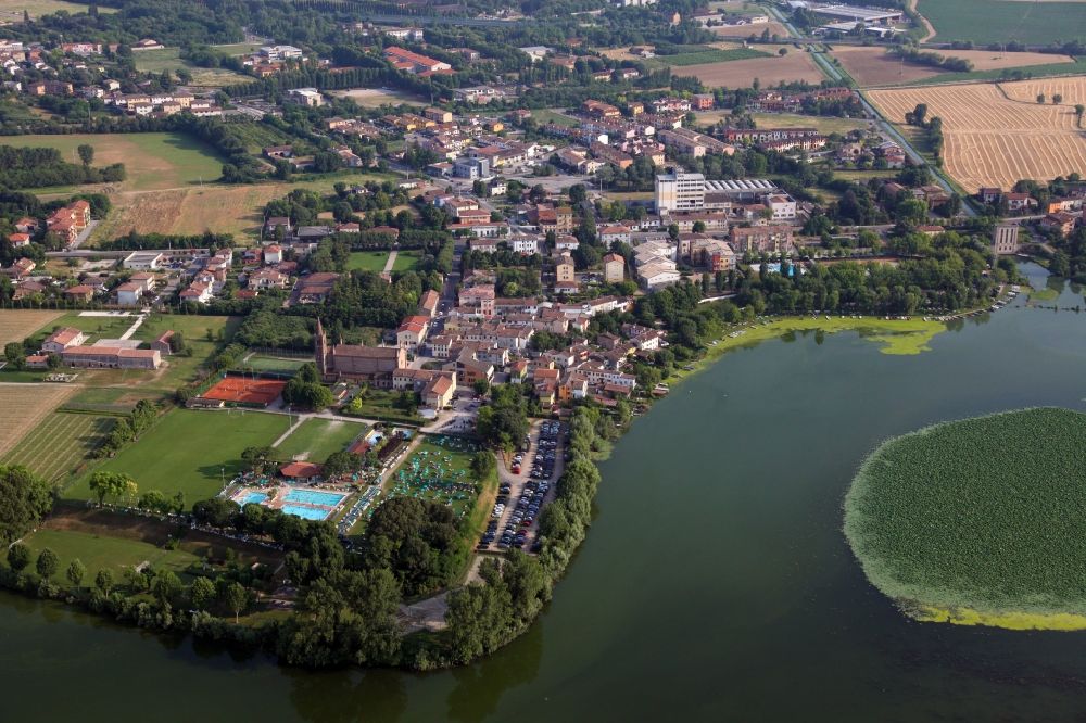 Aerial image Mantua - City view of the downtown area on the shore areas of lago superiore, in the district Angeli in Mantua in Lombardy, Italy