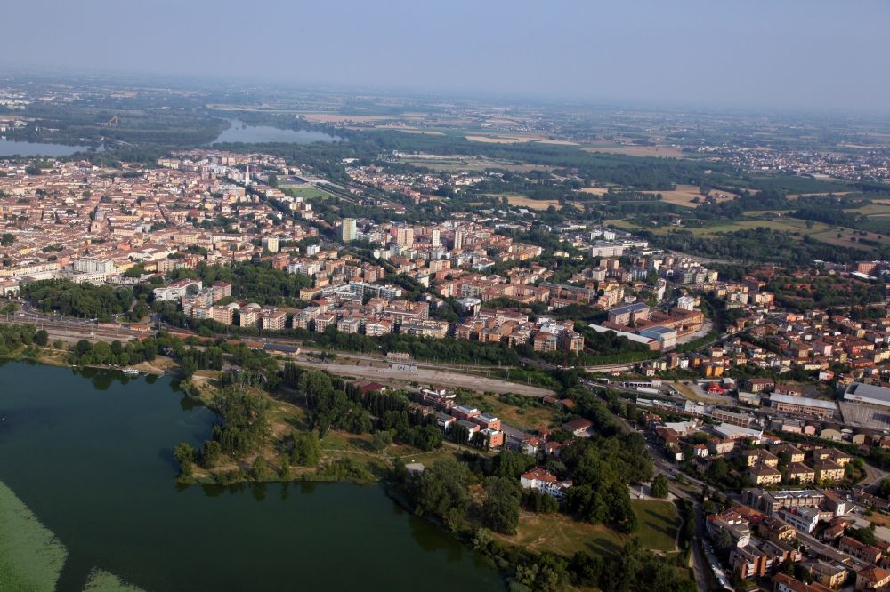 Aerial image Mantua - City view of the downtown area on the shore areas of lago superiore, in the district Angeli in Mantua in Lombardy, Italy