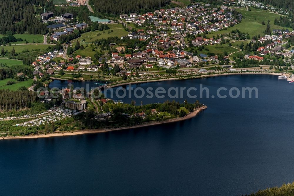 Schluchsee from above - City view of the downtown area on the shore areas Ort Schluchsee am Schluchsee in the state Baden-Wuerttemberg, Germany
