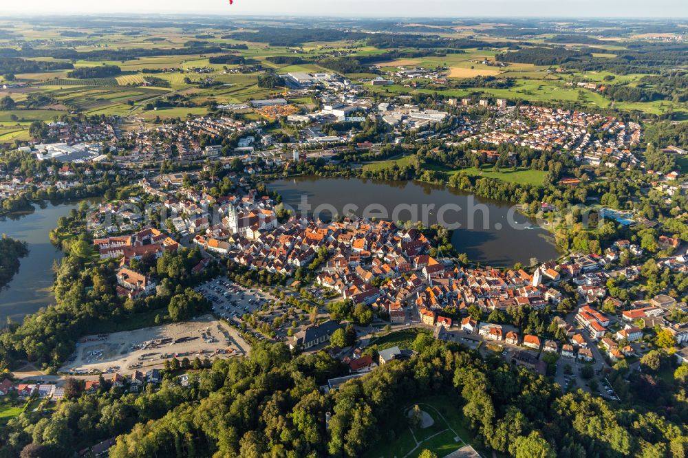 Bad Waldsee from above - City view of the downtown area on the shore areas of Stadtsee in Bad Waldsee in the state Baden-Wuerttemberg, Germany