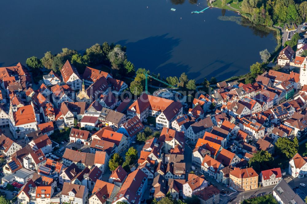 Aerial image Bad Waldsee - City view of the downtown area on the shore areas of Stadtsee in Bad Waldsee in the state Baden-Wuerttemberg, Germany