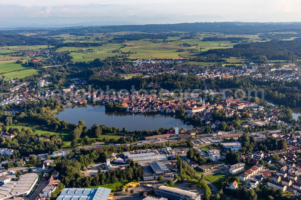 Bad Waldsee from above - City view of the downtown area on the shore areas of Stadtsee in Bad Waldsee in the state Baden-Wuerttemberg, Germany