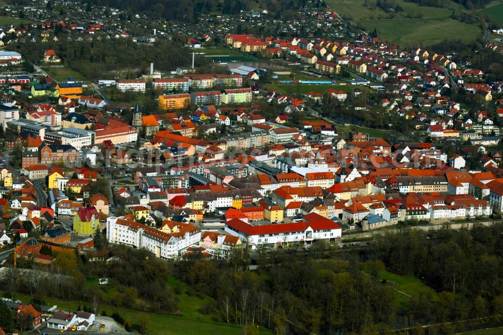 Hildburghausen from above - Old town area and city center with streets, houses and residential areas in Hildburghausen in the state Thuringia, Germany