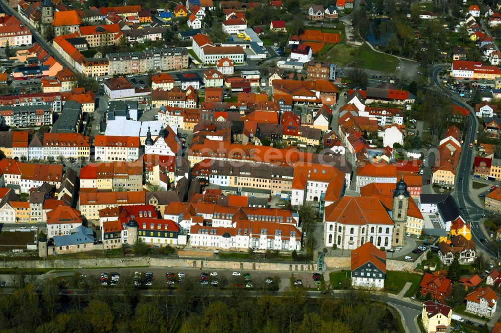 Aerial image Hildburghausen - Old town area and city center with streets, houses and residential areas in Hildburghausen in the state Thuringia, Germany