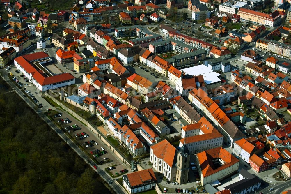 Hildburghausen from above - Old town area and city center with streets, houses and residential areas in Hildburghausen in the state Thuringia, Germany