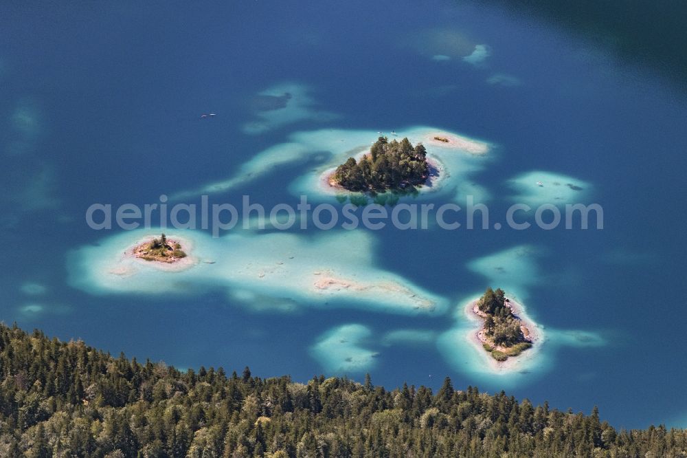 Aerial image Grainau - Almbichl Island, Ludwigsinsel and Scheibeninsel in the Eibsee near Garmisch-Partenkirchen in the state of Bavaria. The lake is considered one of the most beautiful lakes in the Bavarian Alps due to its clear, green-tinted water