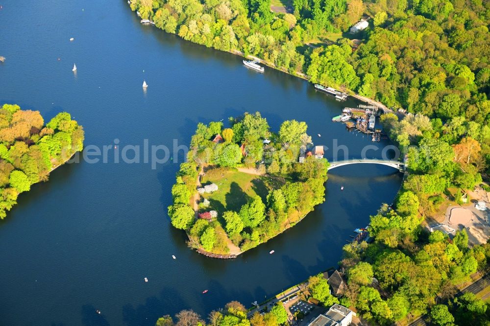 Berlin from above - Island on the banks of the river course of Spree River in the district Treptow in Berlin, Germany