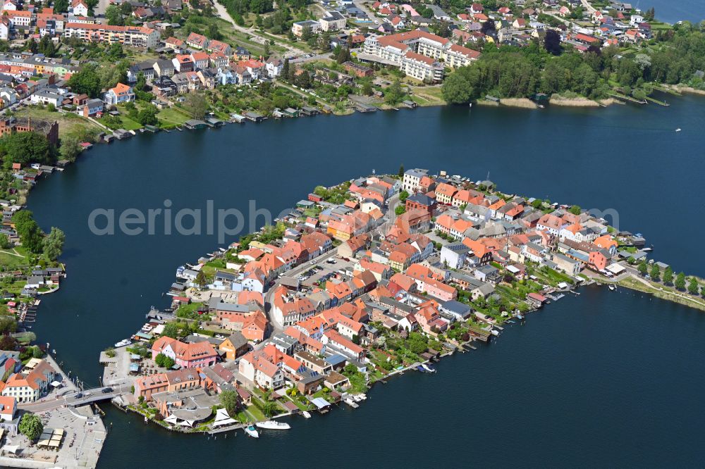 Aerial image Malchow - Island area in Malchower See with the village center in Malchow in the state Mecklenburg - Western Pomerania, Germany
