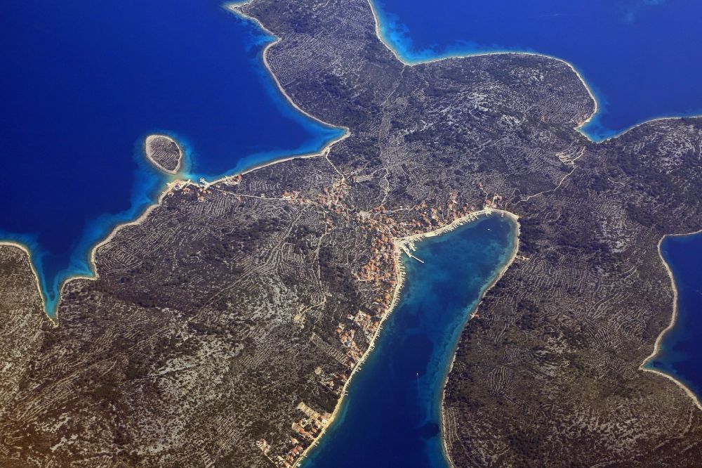 Kaprije from above - Island Kaprije in the Mediterranean Sea archipelago and Adriatic Sea in Kaprije in Sibensko-kninska zupanija, Croatia