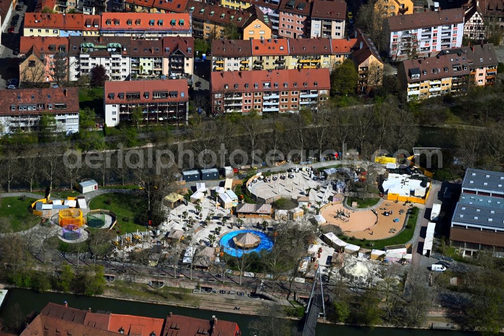 Nürnberg from the bird's eye view: Island schuett on the banks of the river course of Pegnitz in the district of Altstadt - Sankt Lorenz in Nuremberg in the state Bavaria, Germany