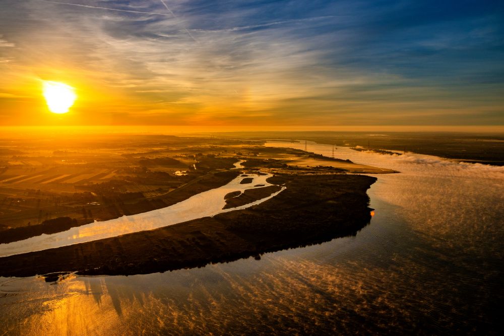 Haselau from above - Island on the banks of the Bishostersand river in the sunrise Elbe in Haselau in the state Schleswig-Holstein, Germany