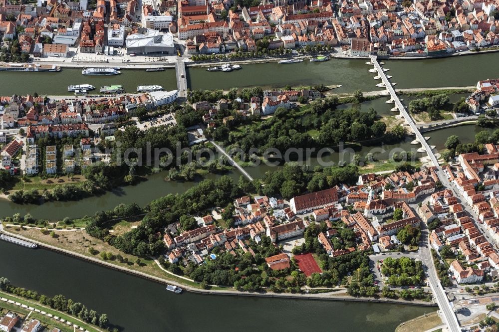 Regensburg from above - Island on the banks of the river course of Donau, Unterer Woehrd and Stadtamhof in Regensburg in the state Bavaria, Germany
