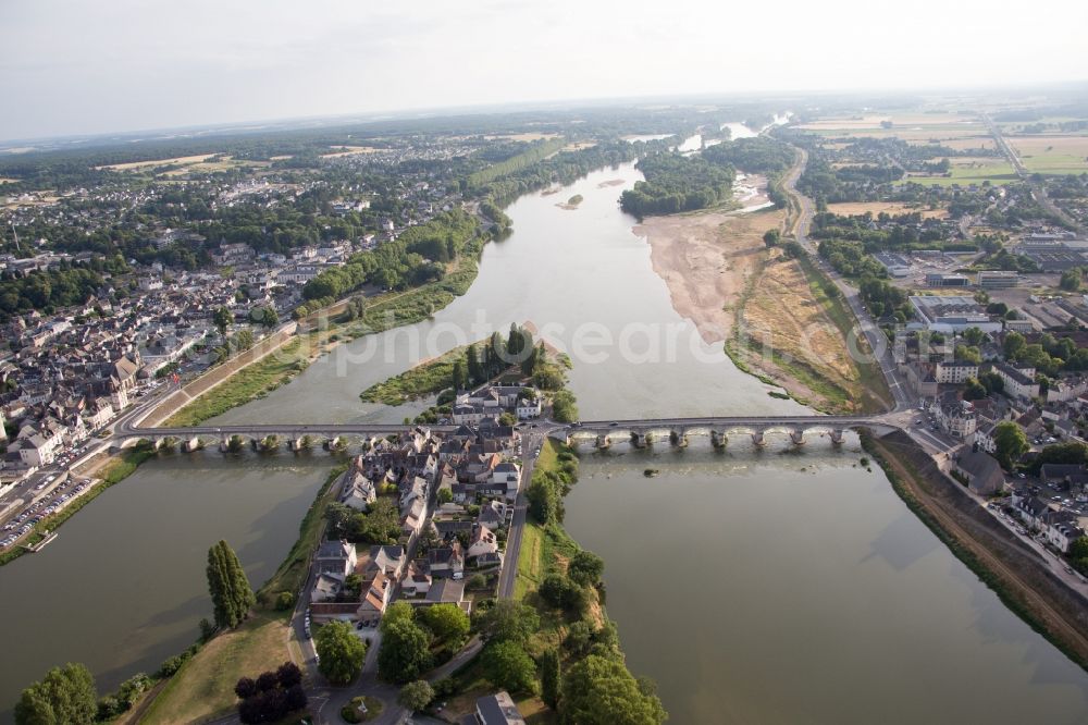 Amboise from the bird's eye view: Island on the banks of the river course of Loire in Amboise in Centre-Val de Loire, France