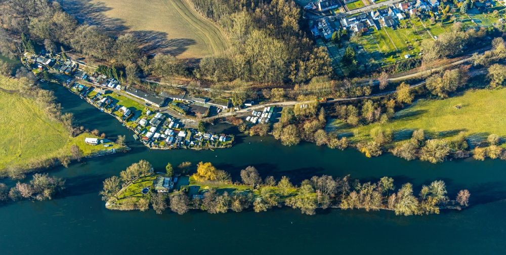 Aerial image Witten - Island on the banks of the river course of Ruhr overlooking a campsite in the district Bommern in Witten in the state North Rhine-Westphalia, Germany