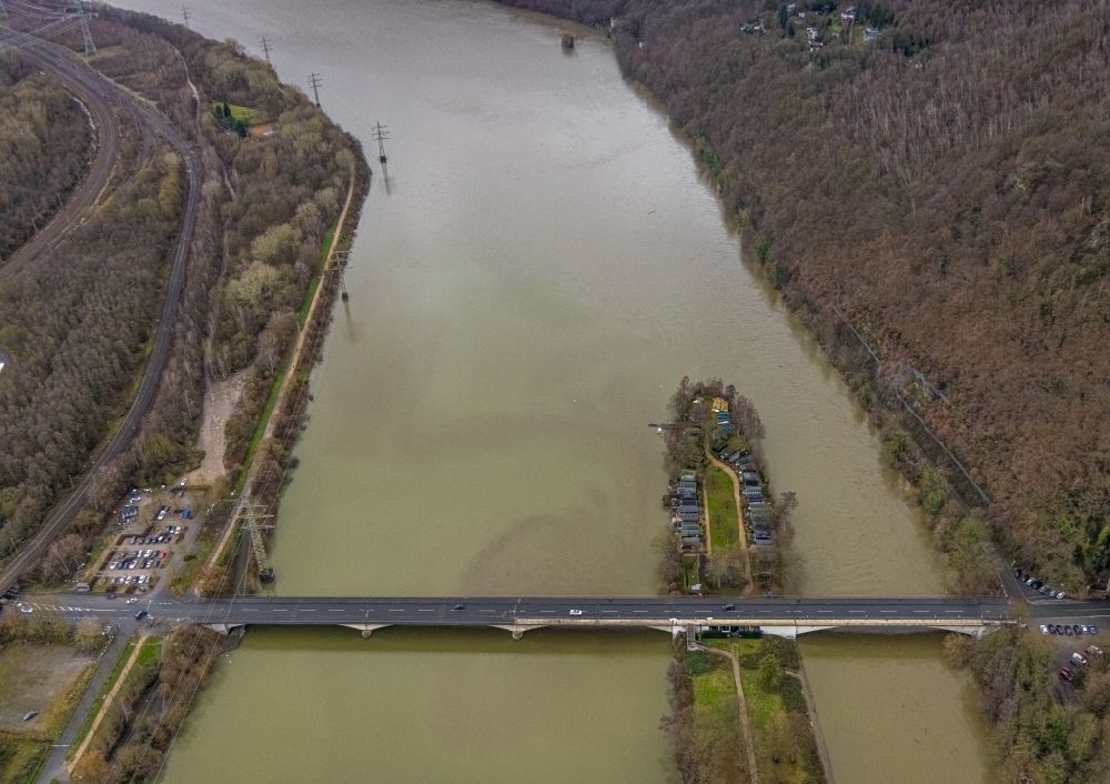 Hagen from the bird's eye view: Island on the banks of the river course of the Ruhr with a bridge construction along the Dortmunder Strasse in the district Syburg in Hagen in the state North Rhine-Westphalia, Germany