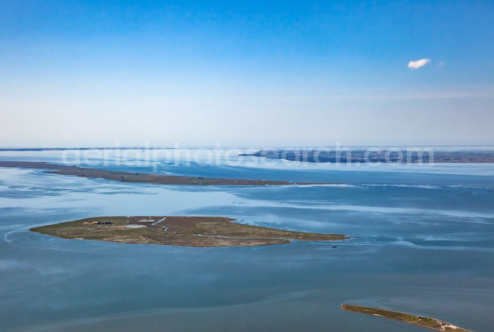 Gröde from above - Archipelago - Halligen and Islands - in the Wadden Sea National Park in Groede in the state Schleswig-Holstein, Germany. West view with the Halligen Habel and Groede and Langeness and the island of Foehr
