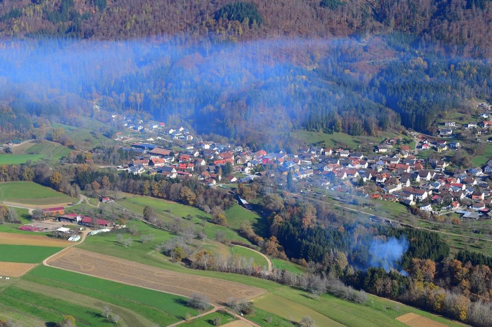 Aerial photograph Hasel - Inversion - weather conditions with smoke of a fire in Hasel in the state Baden-Wuerttemberg, Germany