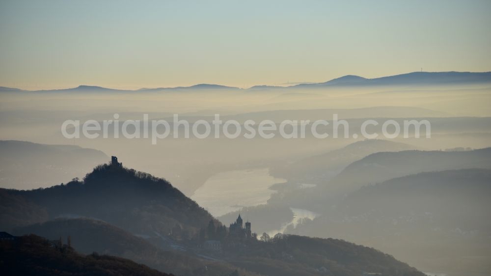 Königswinter from above - Inversion - Weather conditions at the horizon in Siebengebirge with Drachenfels and Drachenburg in Koenigswinter in the state North Rhine-Westphalia, Germany