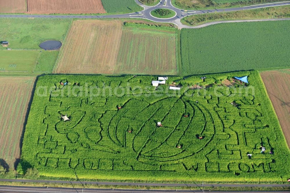 Weimar (Lahn) from above - Hemp - Labyrinth with the outline of a Globus with the motto Refugees Welcome Auf dem Joch in a field in Weimar (Lahn) in the state Hesse, Germany