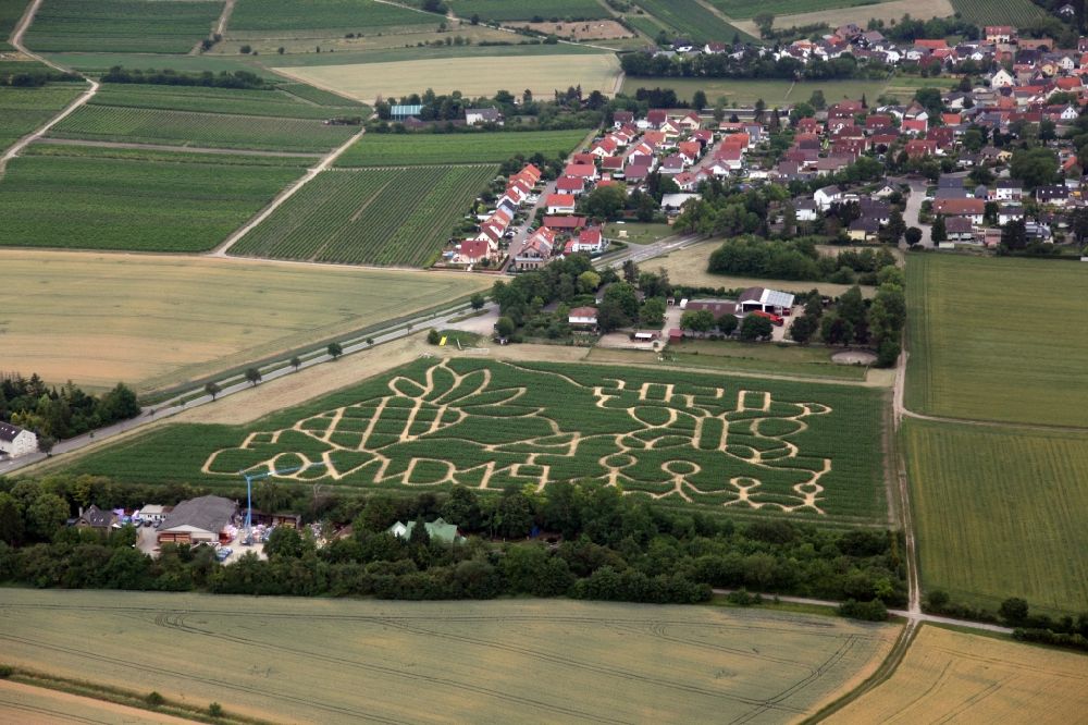 Dalheim from above - Maze - Labyrinth with the thema Corona Virus Covid 19 in a cornfield in Dalheim in the state Rhineland-Palatinate, Germany
