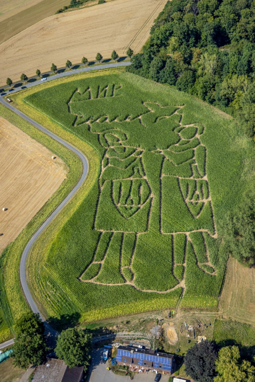 Selm from above - Maze - Labyrinth with the outline of peace symbols on the occasion of the war in Ukraine in a field in Selm in the state North Rhine-Westphalia, Germany
