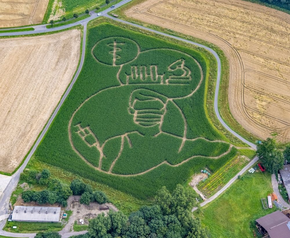 Selm from above - Maze - Labyrinth with the outline of Get vaccinated in a field in Selm in the state North Rhine-Westphalia, Germany