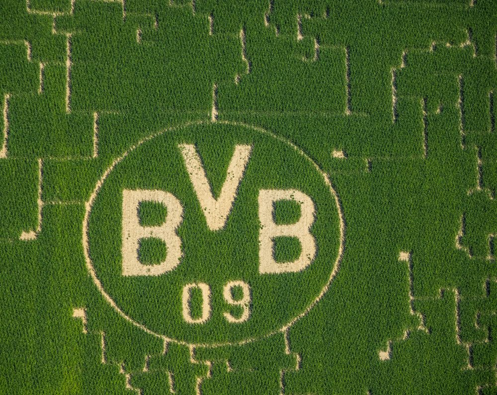 Scharnhorst from above - Maze - Labyrinth on with advertising for the BVB football club in Scharnhorst in the state North Rhine-Westphalia, Germany