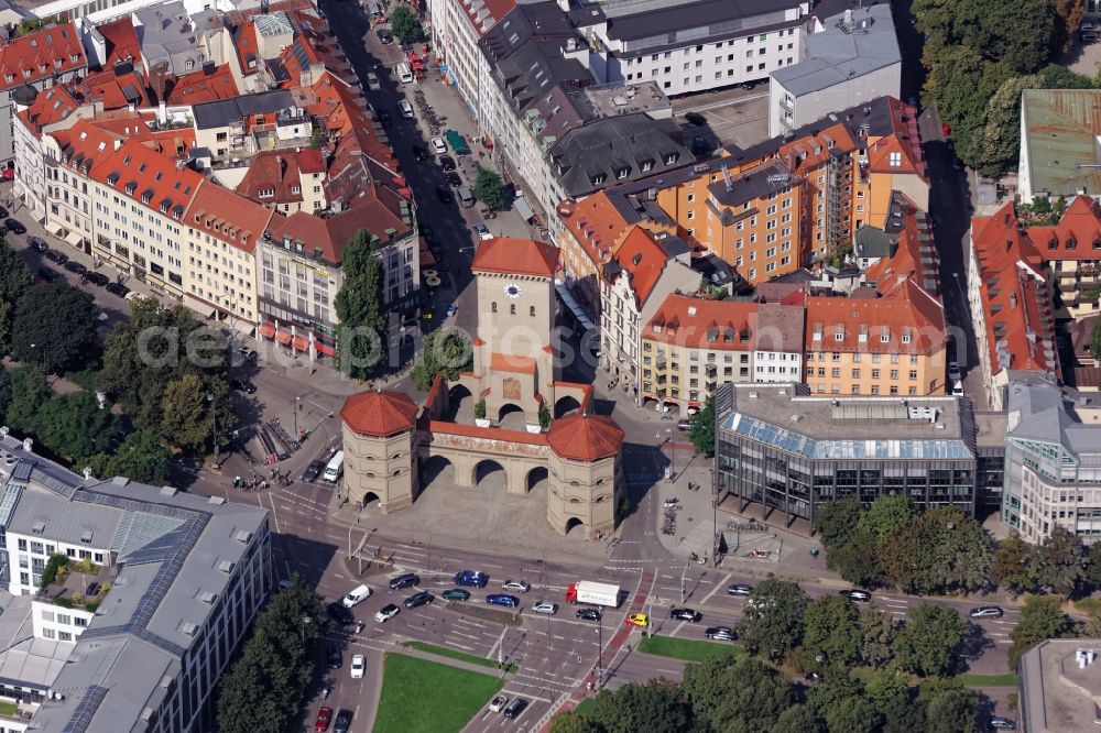 Aerial image München - The Isartor in Munich in the state of Bavaria. The eastern city gate of the historic old town was part of the former city fortification and now houses the Valentin Karlstadt Musaeum