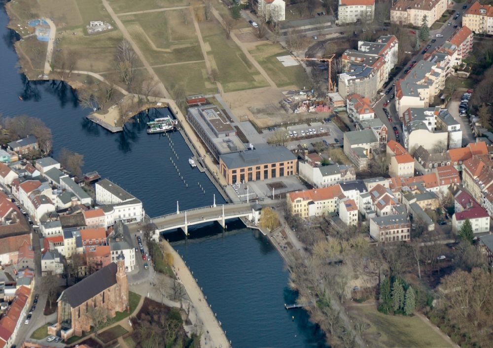 Brandenburg an der Havel from above - Saint John, a former Franciscan cloister church, with the Millennium Bridge in the historic center in the city of Brandenburg an der Havel in Brandenburg