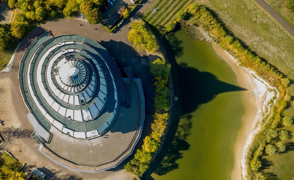 Aerial photograph Magdeburg - View of the Millennium Tower in Elbauenpark. The Millennium Tower in Magdeburg is was built at the Federal Garden Show