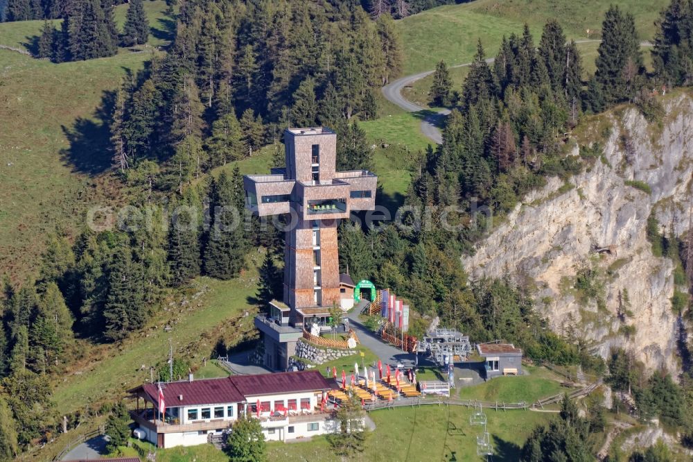 Aerial image Sankt Ulrich am Pillersee - The Jakobskreuz at the summit of the Buchensteinwand in Pillerseetal near St. Jakob in Tyrol, Austria. The summit cross is designed as a cross-shaped building with four arms and includes viewing and exhibition rooms with a panoramic viewing platform
