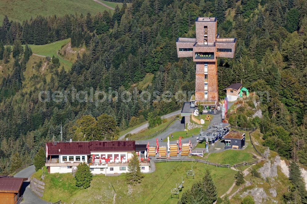 Aerial photograph Sankt Ulrich am Pillersee - The Jakobskreuz at the summit of the Buchensteinwand in Pillerseetal near St. Jakob in Tyrol, Austria. The summit cross is designed as a cross-shaped building with four arms and includes viewing and exhibition rooms with a panoramic viewing platform