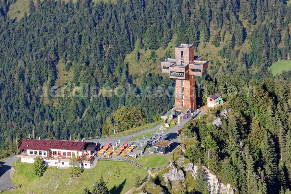 Sankt Ulrich am Pillersee from above - The Jakobskreuz at the summit of the Buchensteinwand in Pillerseetal near St. Jakob in Tyrol, Austria. The summit cross is designed as a cross-shaped building with four arms and includes viewing and exhibition rooms with a panoramic viewing platform