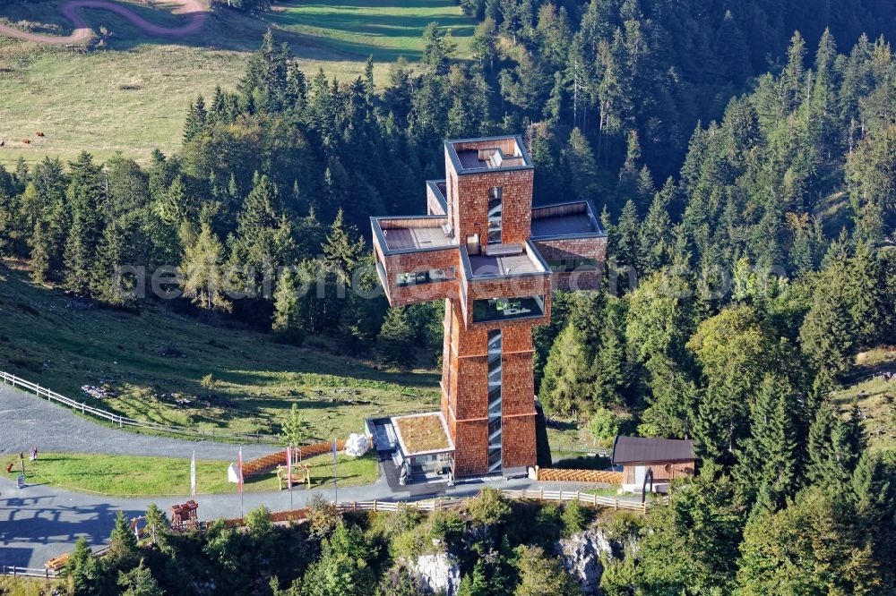Sankt Ulrich am Pillersee from the bird's eye view: The Jakobskreuz at the summit of the Buchensteinwand in Pillerseetal near St. Jakob in Tyrol, Austria. The summit cross is designed as a cross-shaped building with four arms and includes viewing and exhibition rooms with a panoramic viewing platform