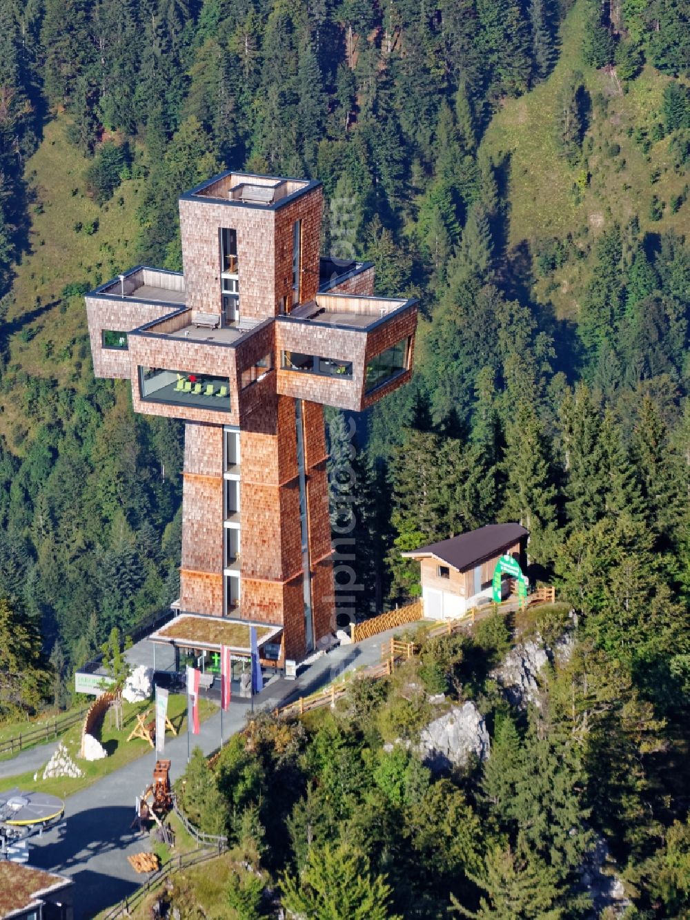 Aerial image Sankt Ulrich am Pillersee - The Jakobskreuz at the summit of the Buchensteinwand in Pillerseetal near St. Jakob in Tyrol, Austria. The summit cross is designed as a cross-shaped building with four arms and includes viewing and exhibition rooms with a panoramic viewing platform