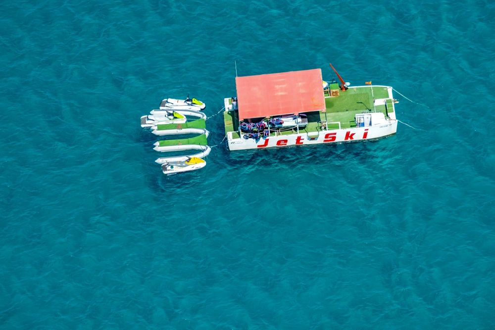 Aerial image Palma - Jetski Sport boat - JetSki rent on the water in Palma in Balearic island of Mallorca, Spain