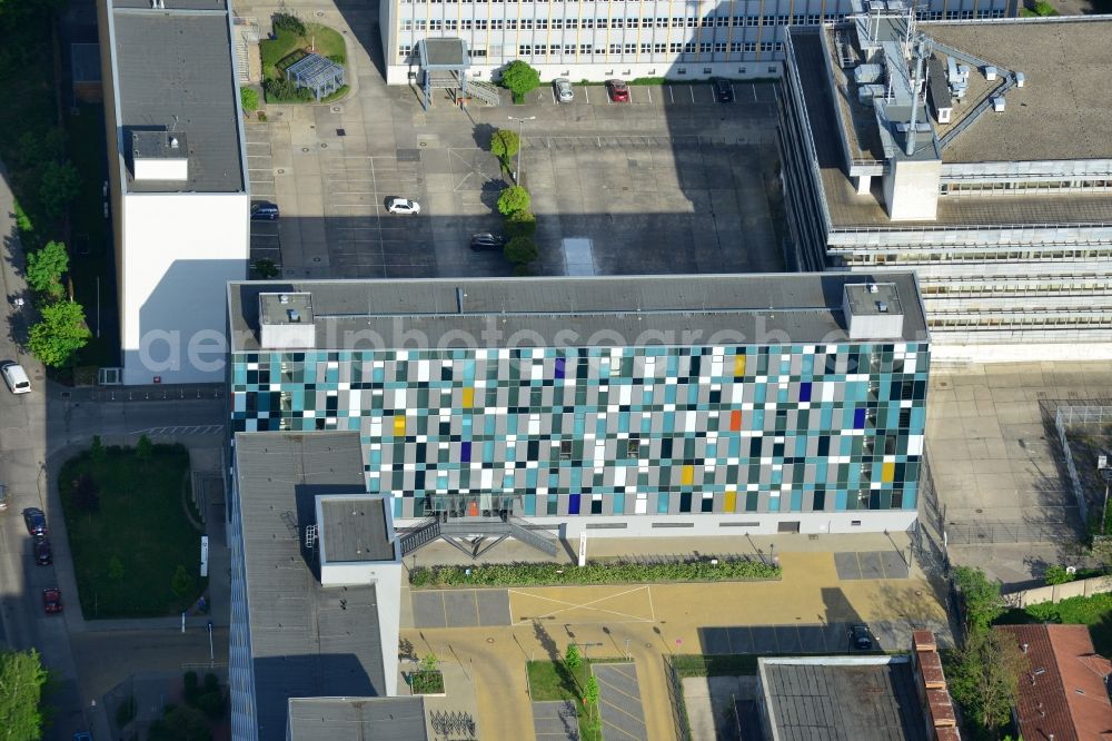 Berlin from the bird's eye view: View of the Jobcenter Lichtenberg with its distinctive facade at Gotlindestrasse in Berlin. The joint institution of the district office Lichtenberg and the agency for employment is located on the former premises of the Ministry of State Security of the GDR