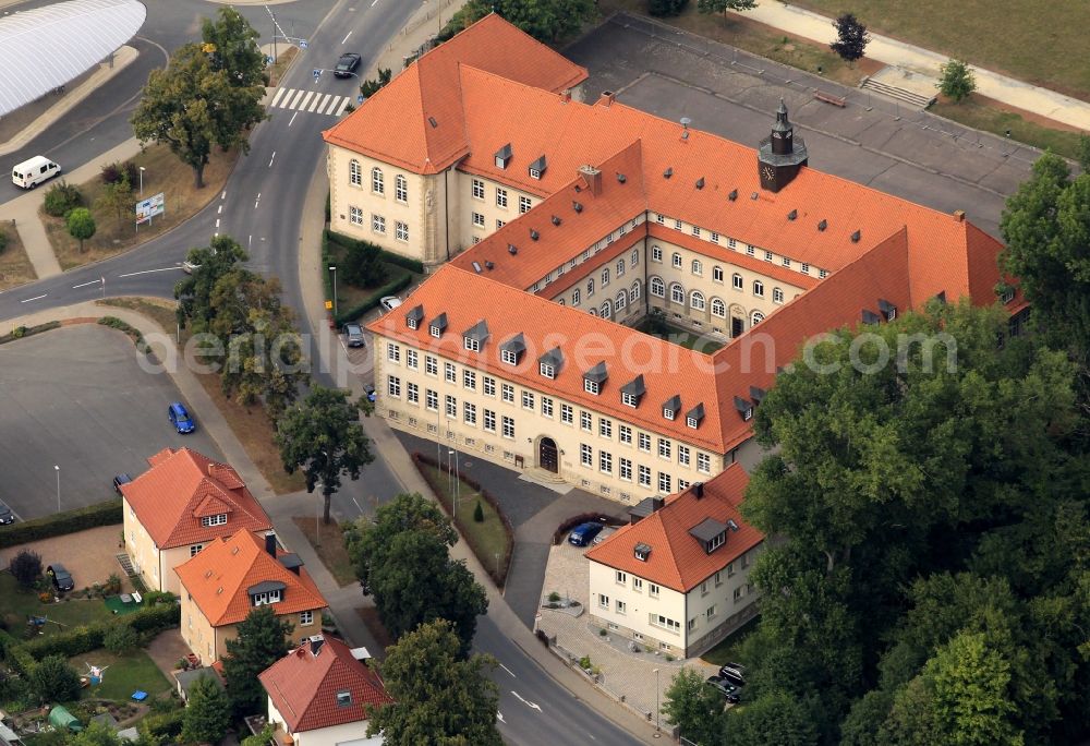 Heilbad Heiligenstadt from the bird's eye view: The grammar school Johann-Georg-Lingemann Gymnasium by the side of the road Bahnhofstrasse in Heilbad Heiligenstadt in Thuringia