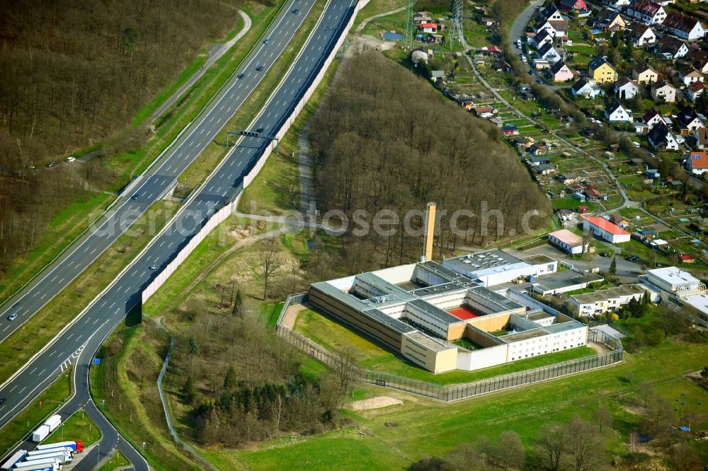 Aschaffenburg from above - Prison area and security fence of the correctional facility JVA in the district Strietwald in Aschaffenburg on the BAB3 in the state Bavaria, Germany