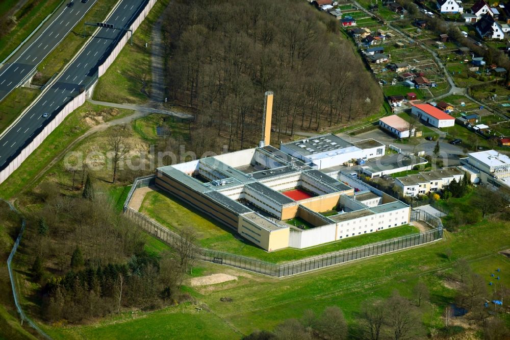 Aschaffenburg from the bird's eye view: Prison area and security fence of the correctional facility JVA in the district Strietwald in Aschaffenburg on the BAB3 in the state Bavaria, Germany
