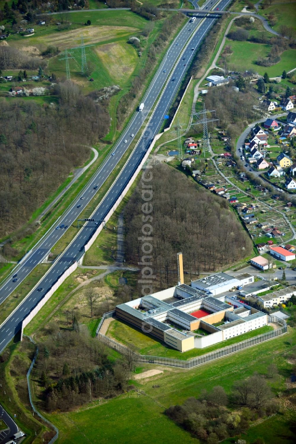 Aerial image Aschaffenburg - Prison area and security fence of the correctional facility JVA in the district Strietwald in Aschaffenburg on the BAB3 in the state Bavaria, Germany